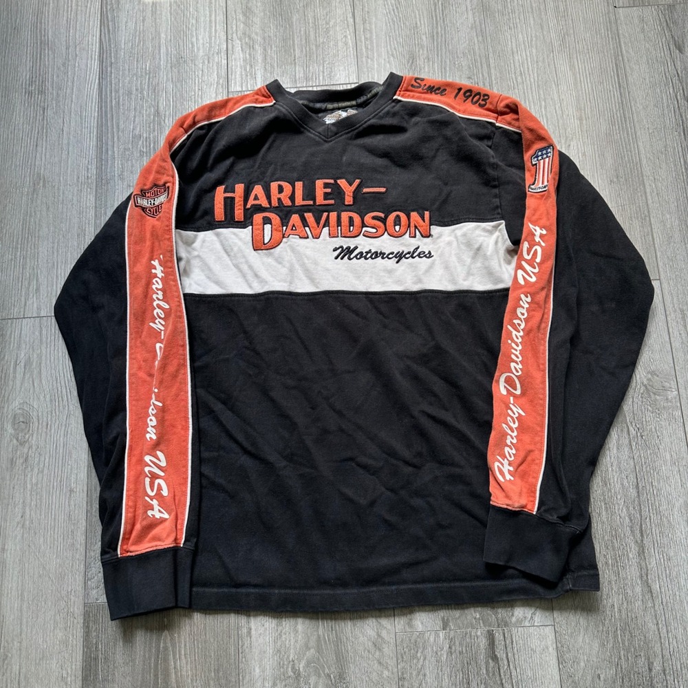 Harley-Davidson V-Neck Long Sleeve sweater Black Orange Size M embroidered